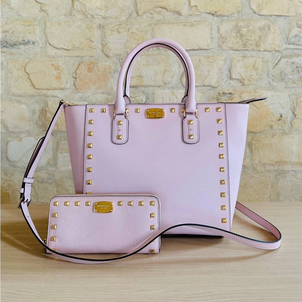 Michael Kors Sandrine Studded Large Leather Handbag&wallet Blossom